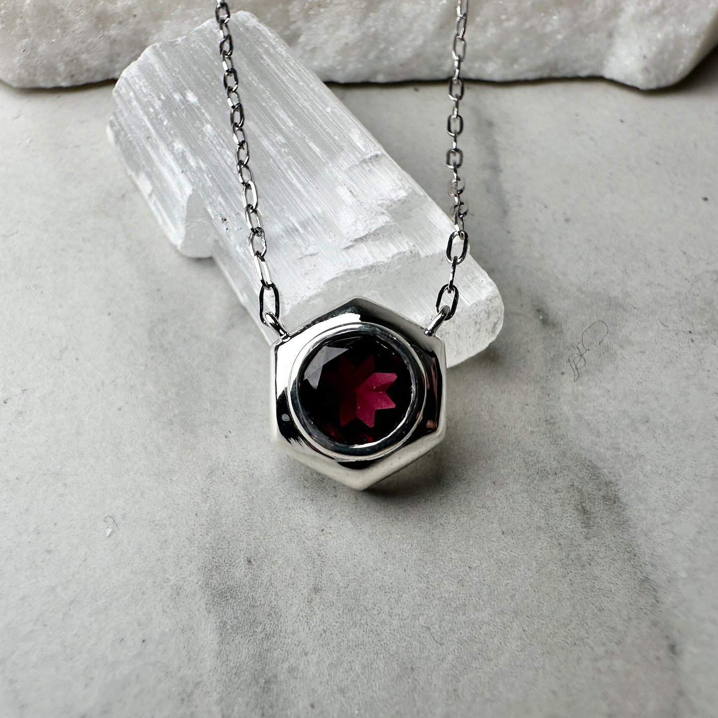 Garnet Hexagon Necklace | Sterling Silver