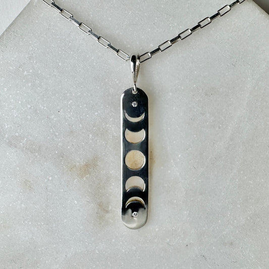 Moon Phase Bar Pendant with Natural Diamonds | Sterling Silver