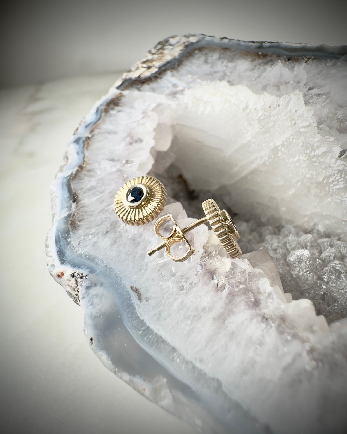 Blue Sapphire Sunburst Earrings | 14k Yellow Gold