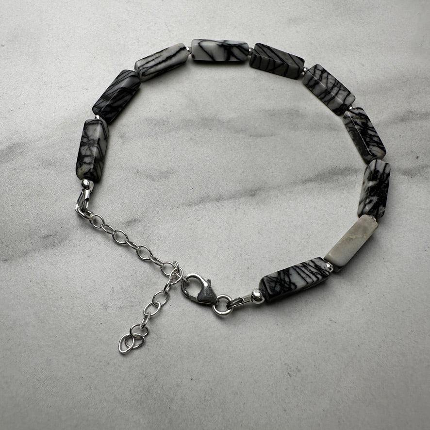 Zebra Jasper Beaded Bracelet | Adjustable | Sterling Silver