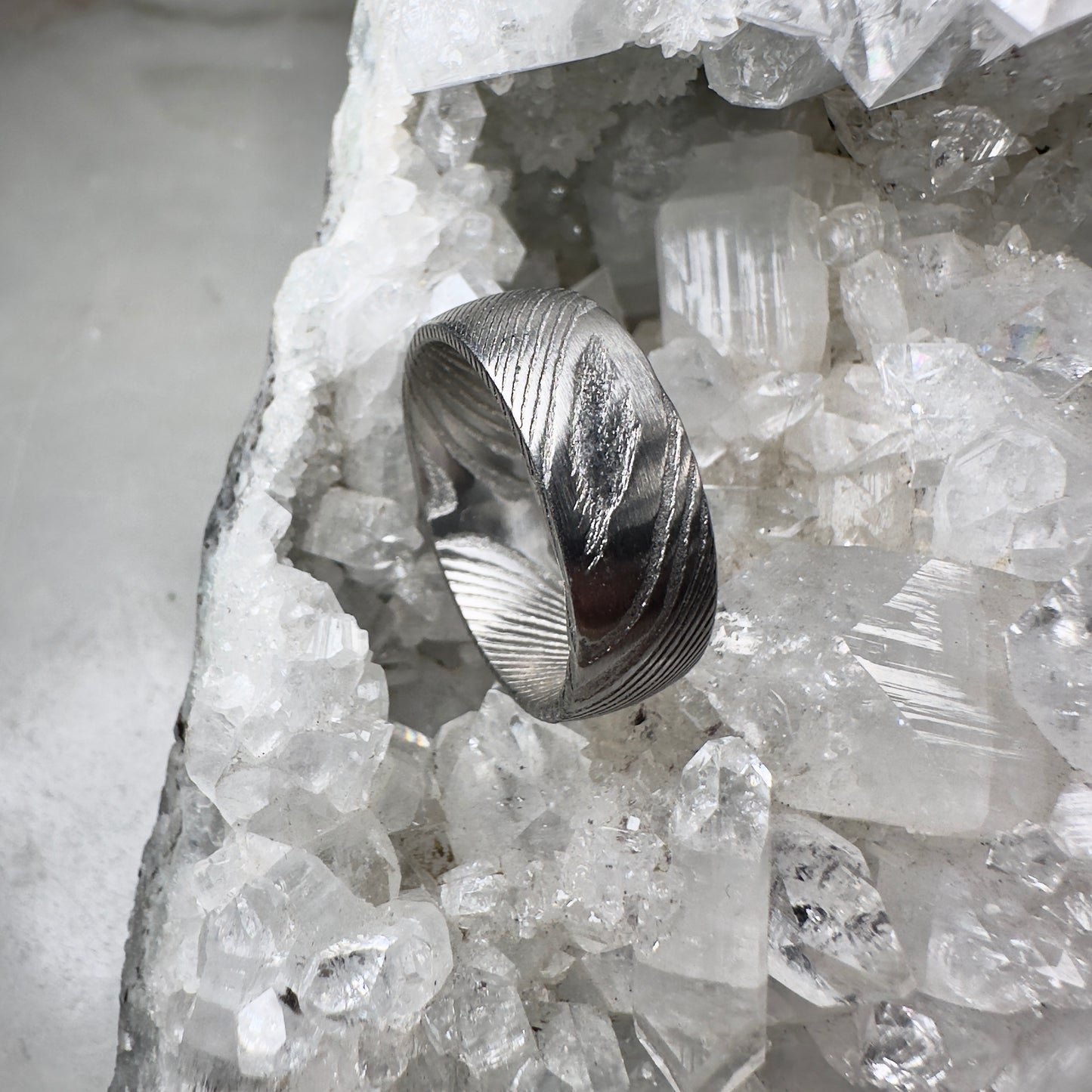 Grey Damascus Steel Ring with Half Round Profile