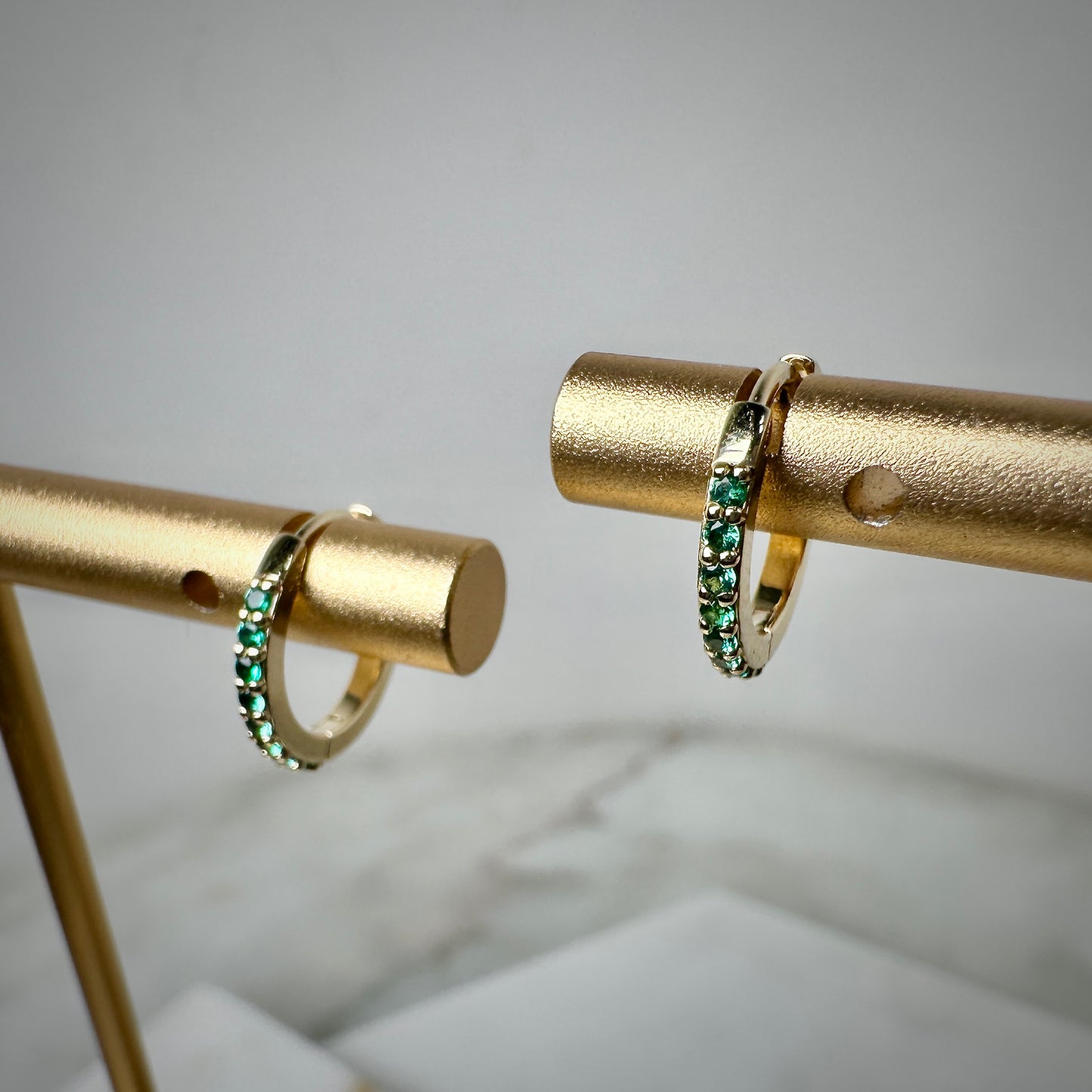 Lab Grown Emerald Huggie Hoops | 14k Yellow Gold