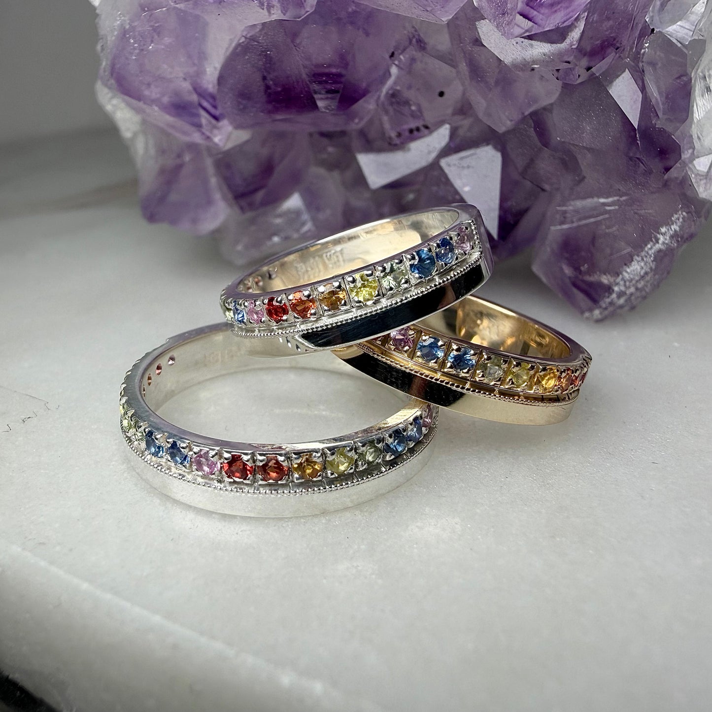 Rainbow Sapphire Flat Band Ring | 14k Yellow Gold