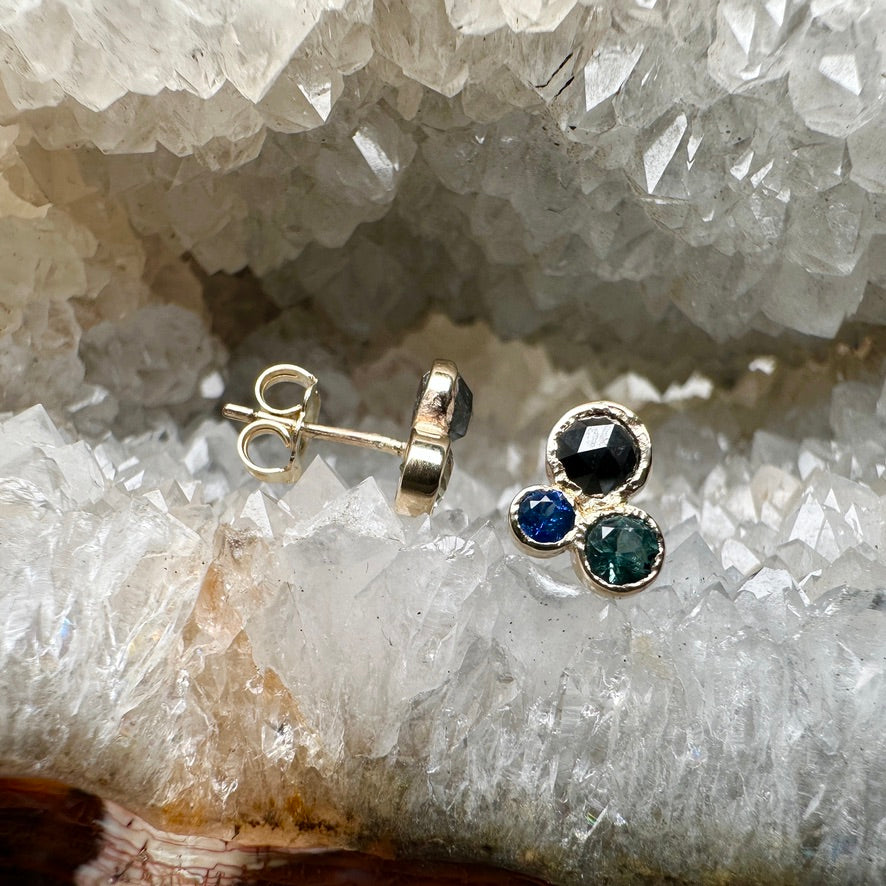 Black Diamond and Sapphire Trio Earrings | 14k Yellow Gold