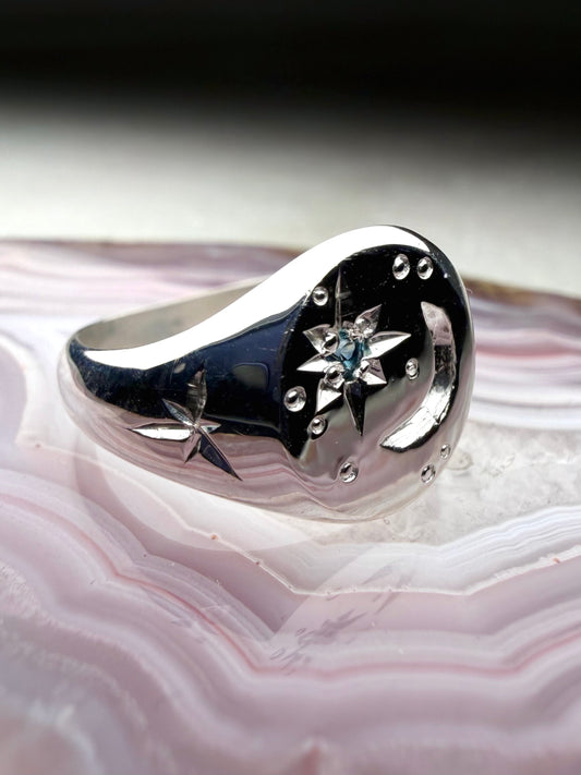 Celestial Signet Ring with Sapphire | Sterling Silver