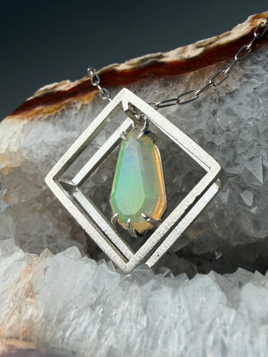 Ethiopian Opal Cube Pendant | Sterling Silver