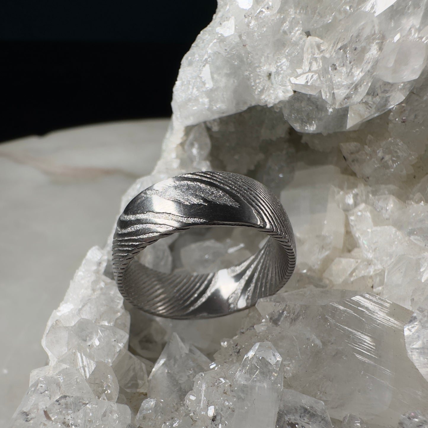 Grey Damascus Steel Ring with Half Round Profile