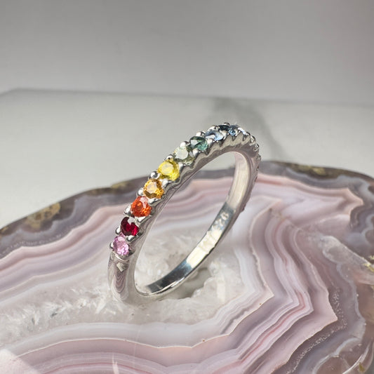 Shared Prong Rainbow Sapphire Band | Sterling Silver