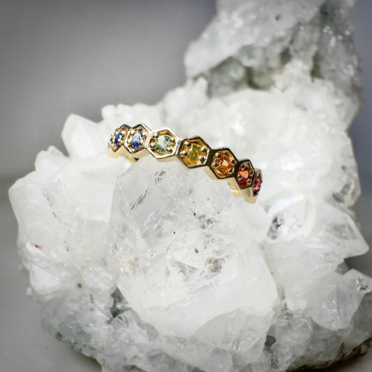 Geometric Rainbow Sapphire Ring | 14k Yellow Gold