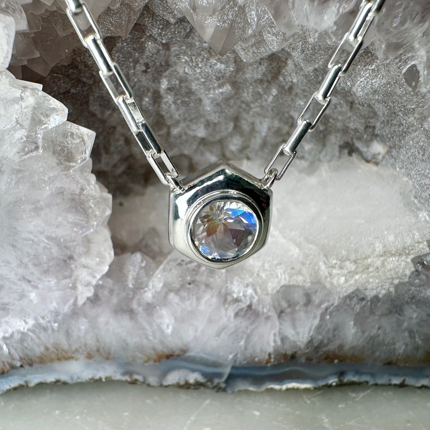 Rainbow Moonstone Hexagon Necklace | Sterling Silver