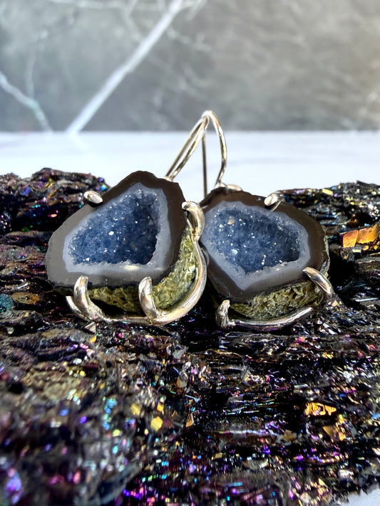 Black & Grey Geode Earrings | Sterling Silver