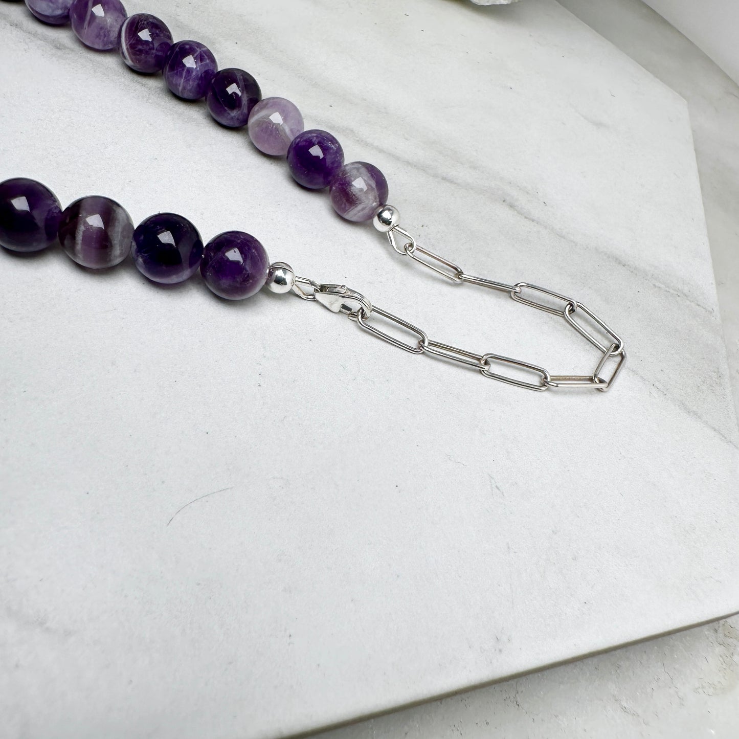 Chevron Amethyst Beaded Necklace | Sterling Silver