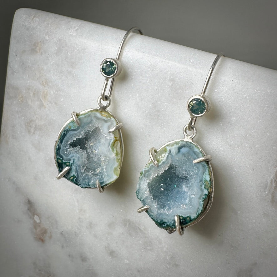 Tabasco Geode Earrings with Silky Teal Sapphires