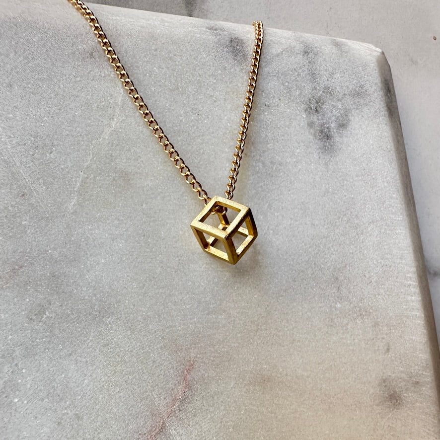14k Gold Cube Pendant | Small