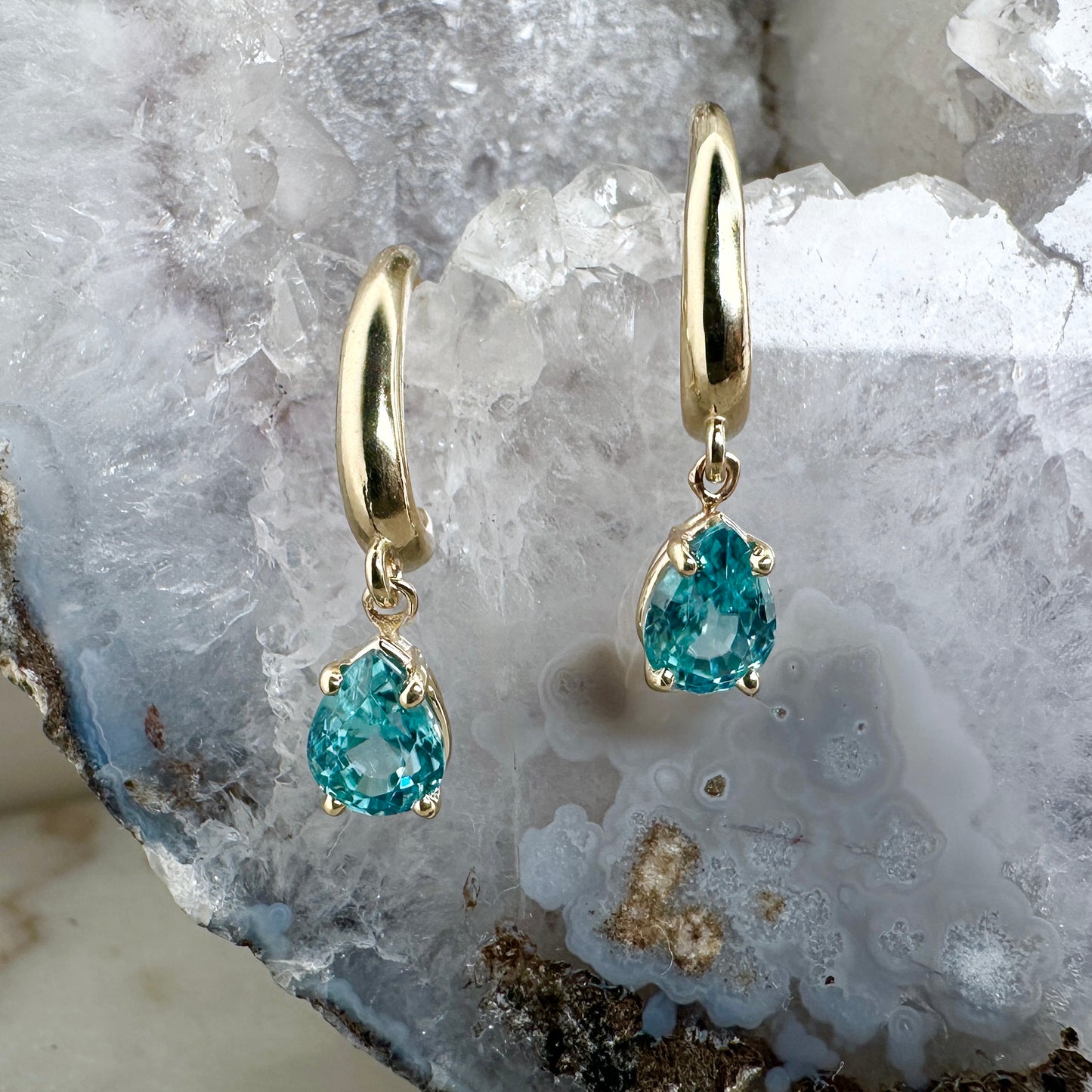 Blue Zircon Raindrop Long Earrings | 14k Yellow Gold