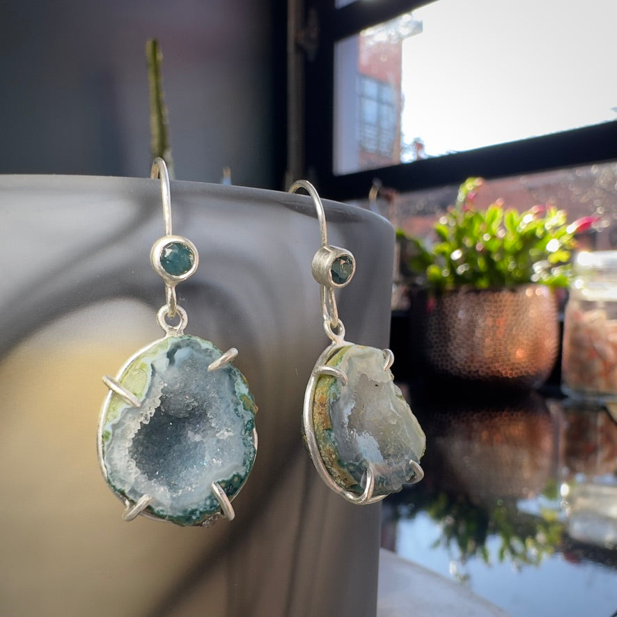 Tabasco Geode Earrings with Silky Teal Sapphires