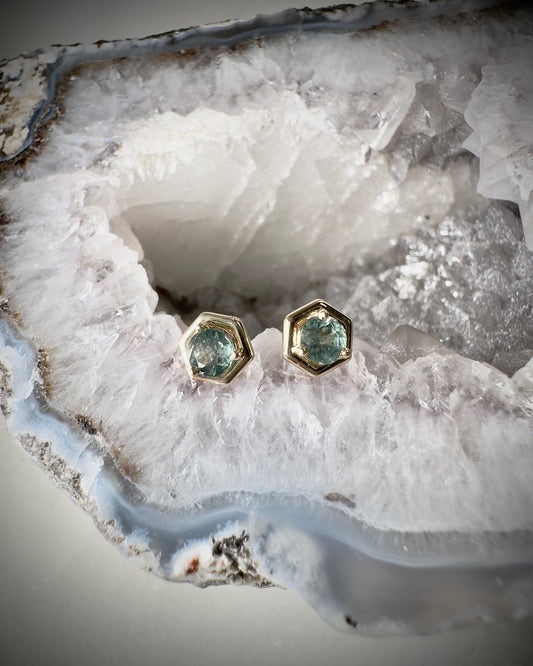 Hexagon Montana Sapphire Stud Earrings | 14k Yellow Gold