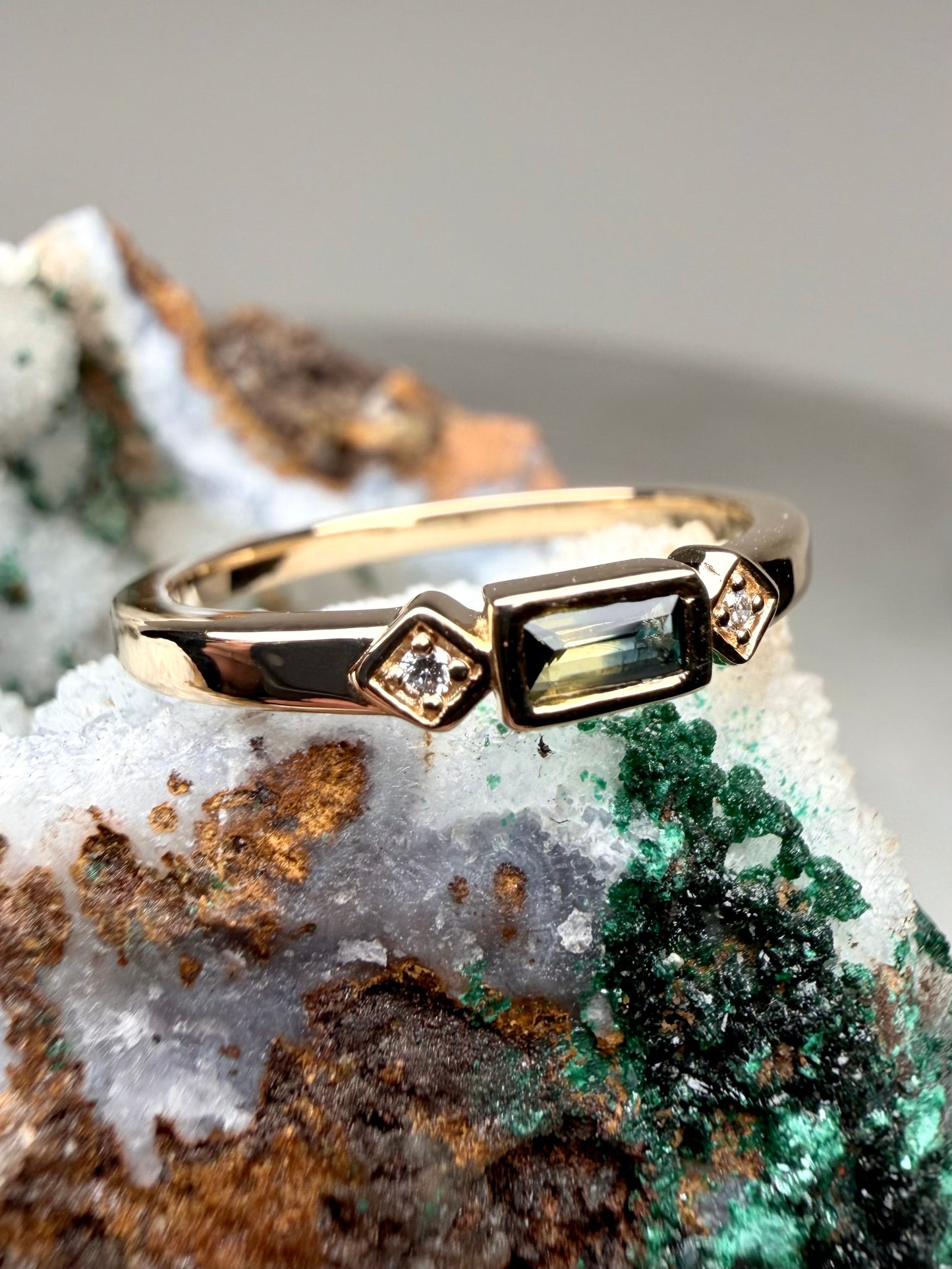 Art Deco Inspired Pastel Blue & Yellow Sapphire Stacking Ring | 14k Yellow Gold