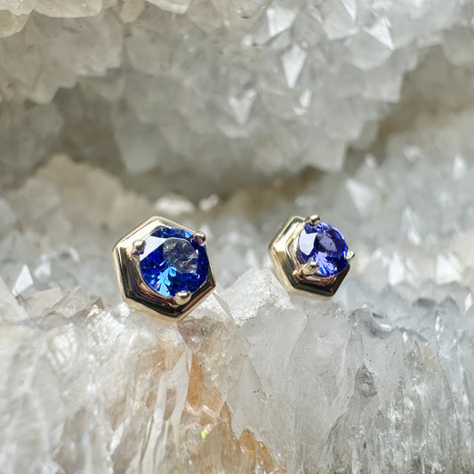 Tanzanite Hex Studs | 14k Yellow Gold