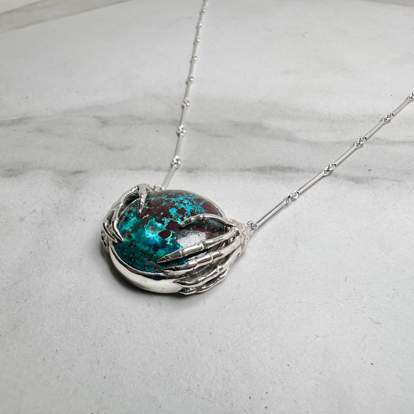 Skeleton Hands Necklace with Chrysocolla