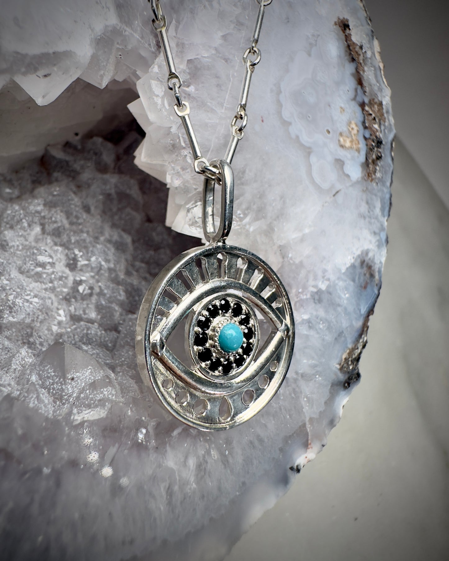 Evil Eye Charm Pendant with Black Spinel & Turquoise | Sterling Silver