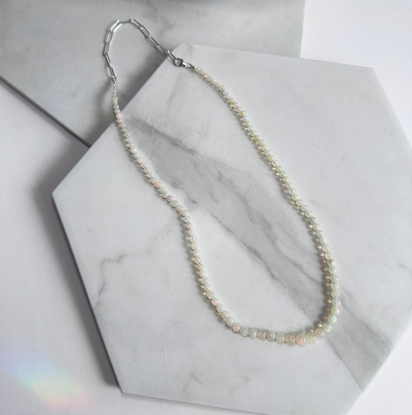 White Opal Beaded Necklace with Paperclip Chain