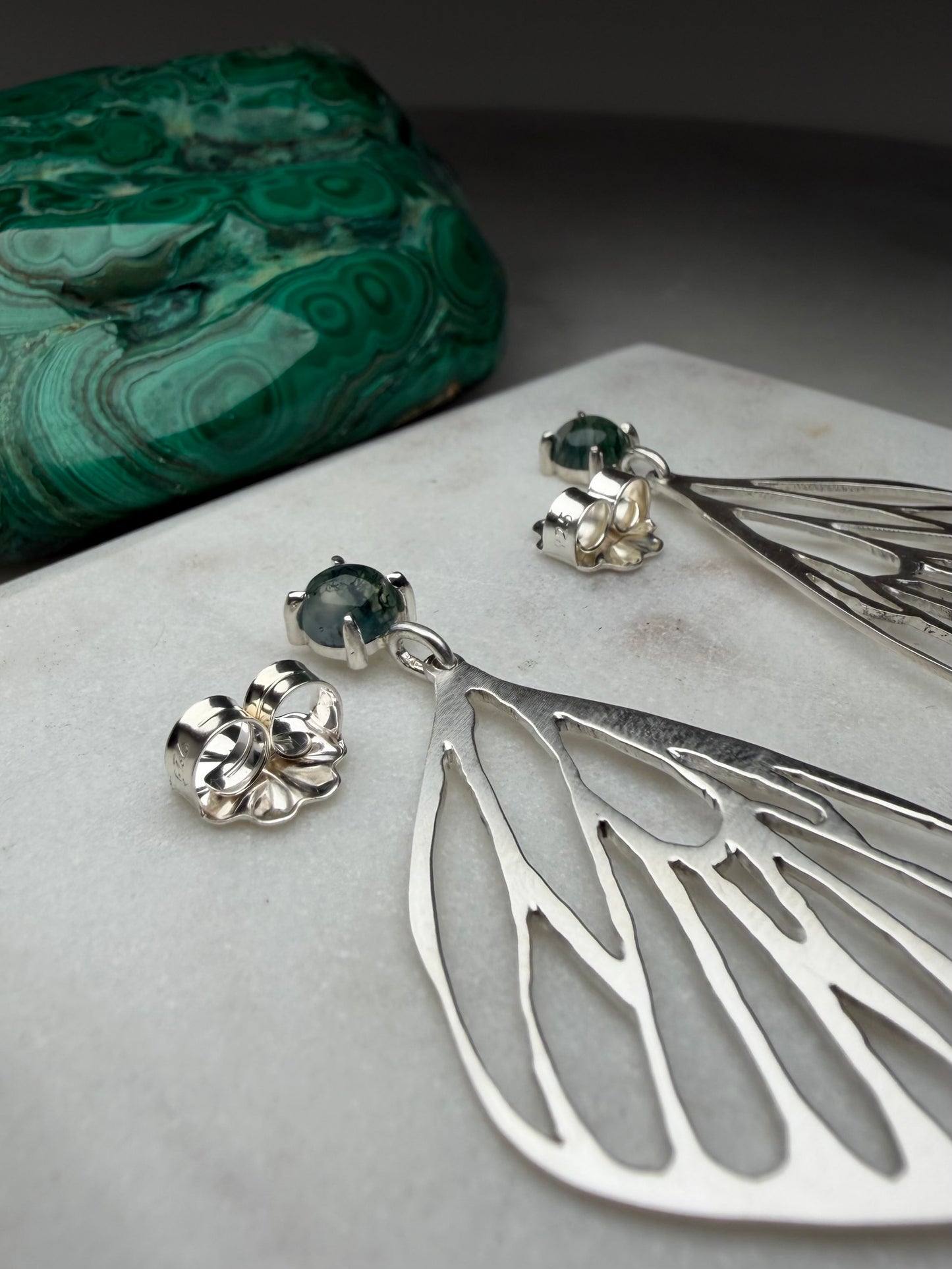 Monarch Butterfly Wing Earrings with Moss Agate & Montana Agate | Sterling Silver