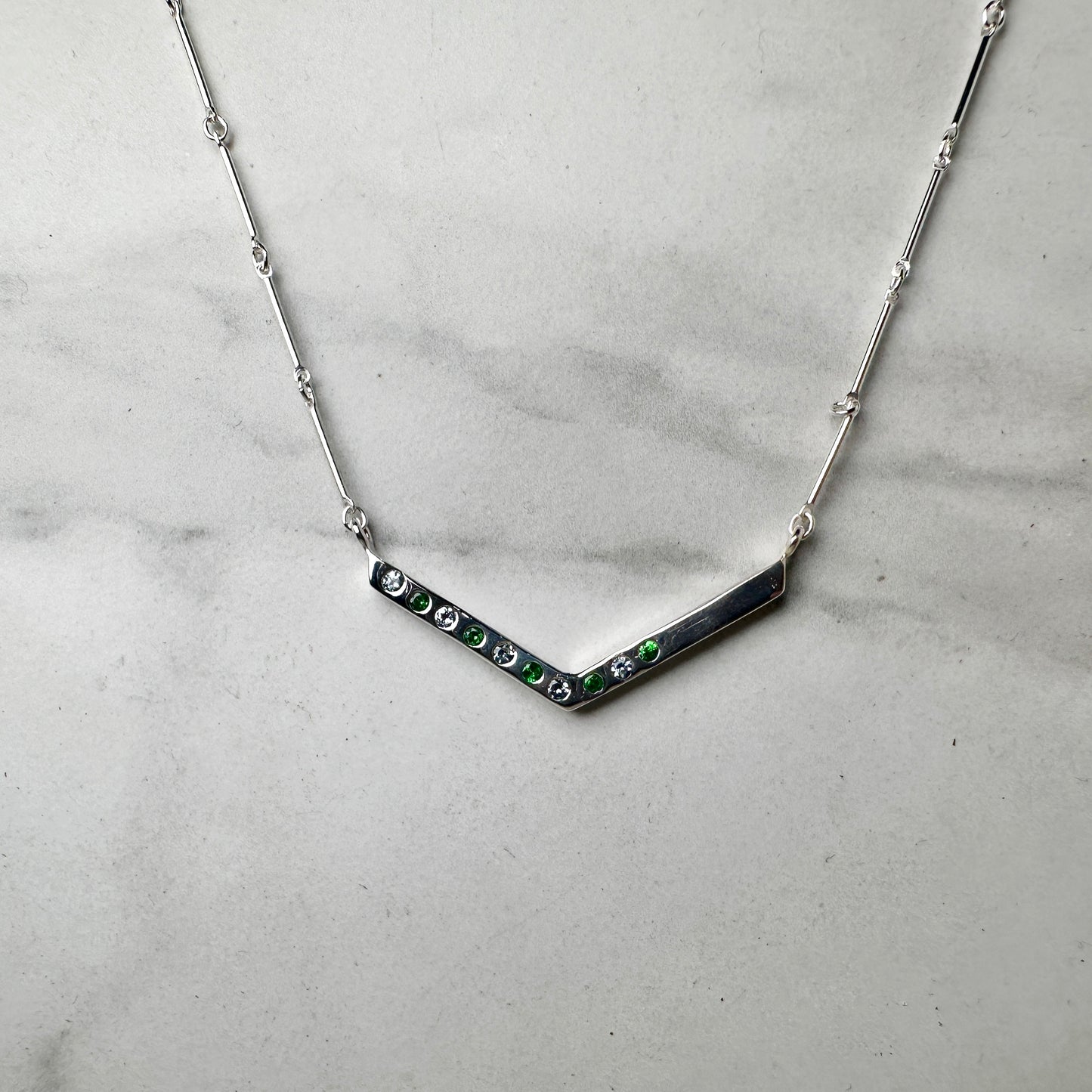 Tsavorite Garnet and Grey Spinel Chevron Necklace | Sterling Silver