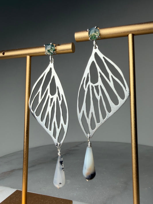 Monarch Butterfly Wing Earrings with Moss Agate & Montana Agate | Sterling Silver