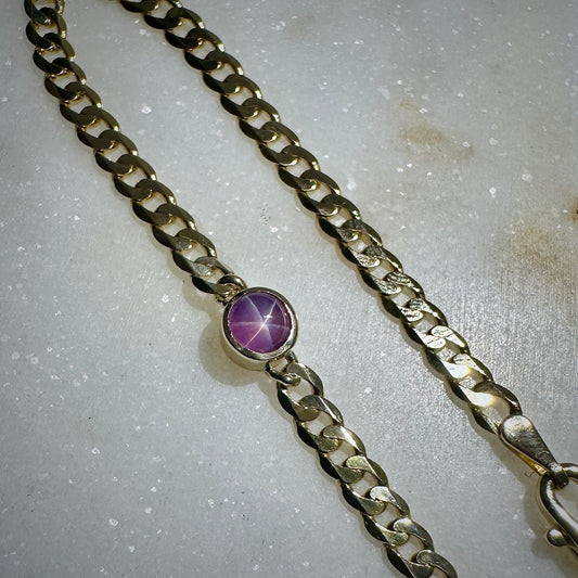 Pink Star Sapphire Curb Chain Bracelet | 14k Yellow Gold