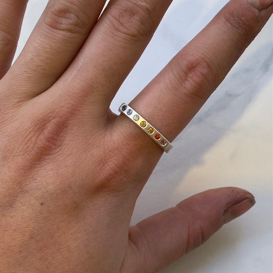 Rainbow Sapphire Band Ring | Sterling Silver