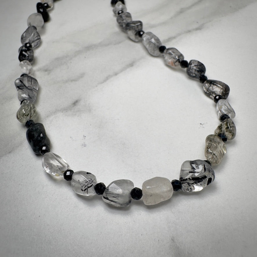 Black Tourmaline Quartz & Black Spinel Beaded Necklace