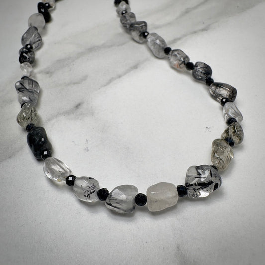 Black Tourmaline Quartz & Black Spinel Beaded Necklace