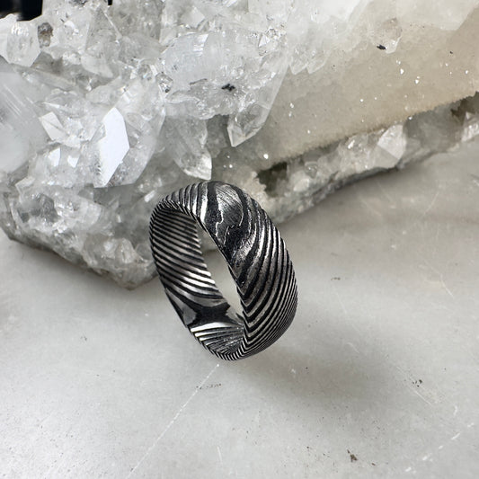 Etched Silver Damascus Steel Ring with Half Round Profile