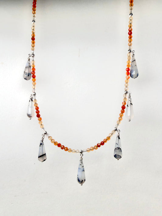 Carnelian & Dendritic Agate Droplets Necklace | Sterling Silver