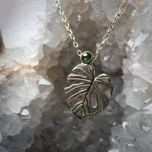 Monstera + Green Diamond Pendant | 14k Yellow Gold