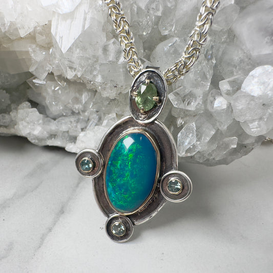 Black Opal + Sapphire Treasure Pendant | 14k Gold and Silver
