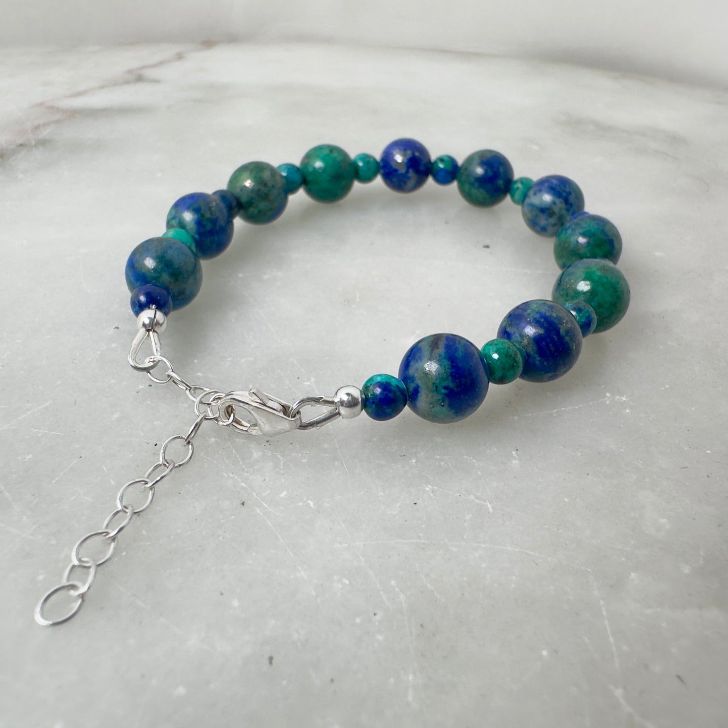 Azurite and Malachite Beaded Bracelet | Sterling Silver