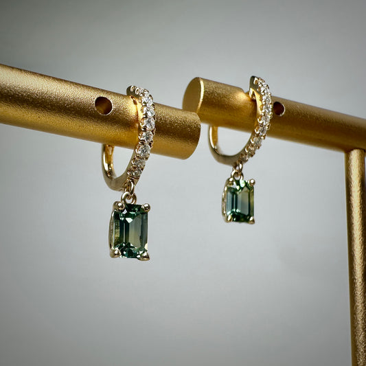 Lab Grown Diamond and Bicolor Sapphire Huggie Earrings | 14k Yellow Gold