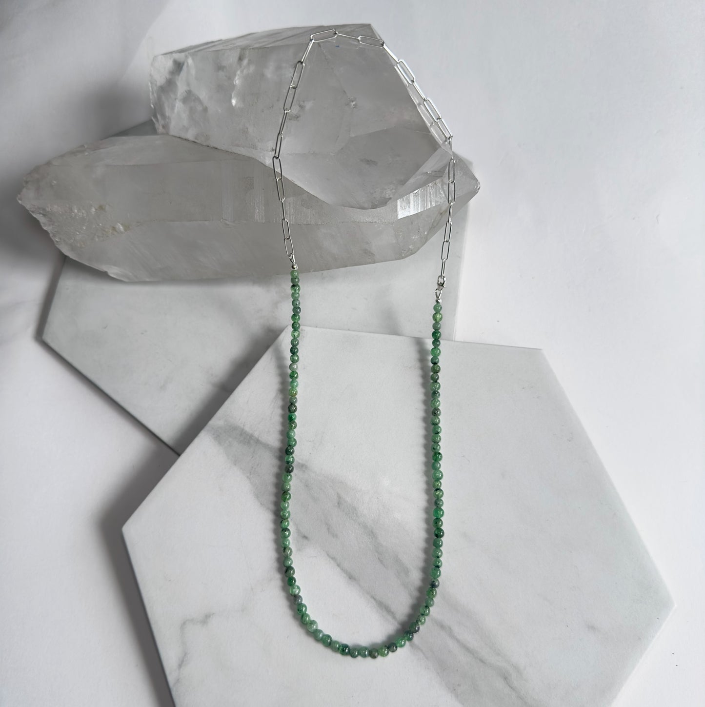 Tsavorite Garnet Beaded Necklace | Sterling Silver Paperclip Chain