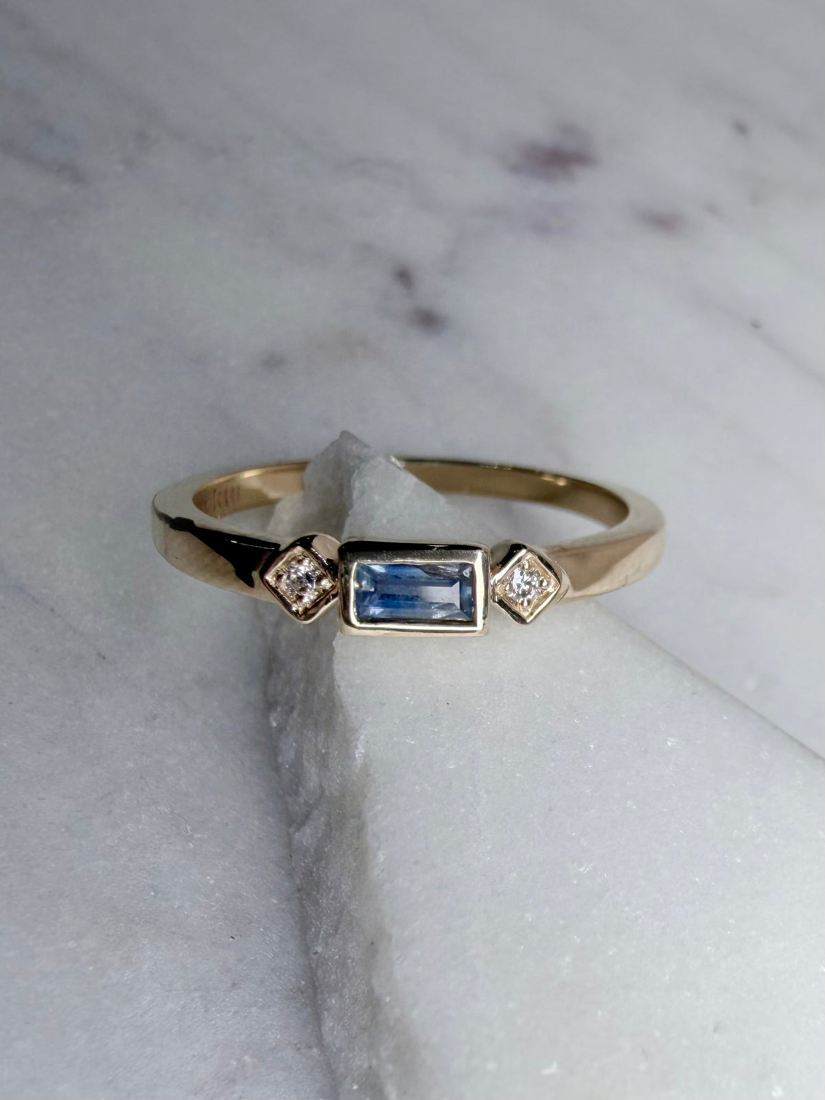 Art Deco Inspired Blue Sapphire Baguette Stacking Ring | 14k Yellow Gold