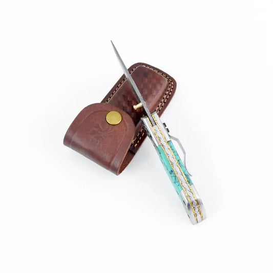 Faux Turquoise and Damascus Steel Pocket Knife