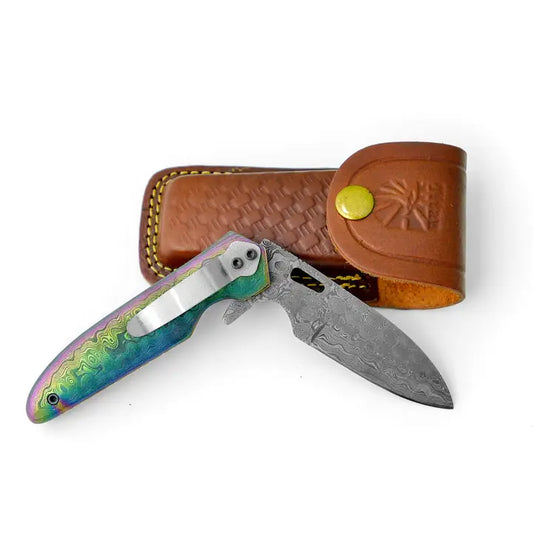 Full Damascus Steel Utility Knife with Anodized Rainbow Handle