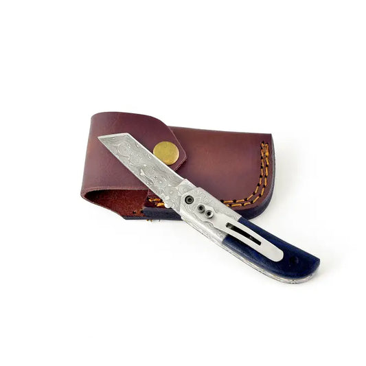 Damascus Steel Pocket Knife with Navy Blue Micarta Handle