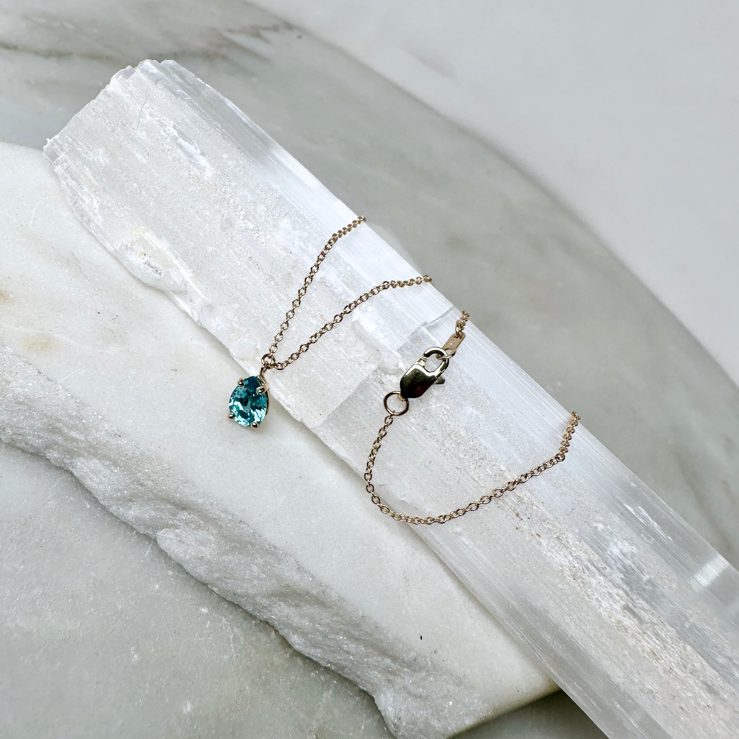 Blue Zircon Raindrop Necklace | 14k Yellow Gold