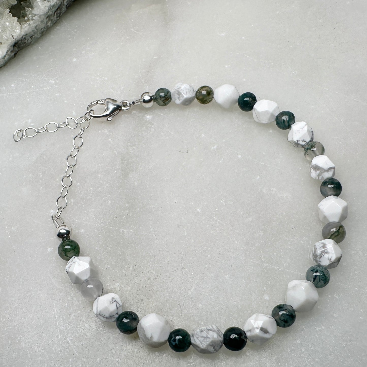Howlite & Moss Agate Beaded Bracelet | Sterling Silver