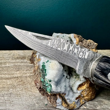 Damascus Steel Knife with Grey and Blue Wood Handle