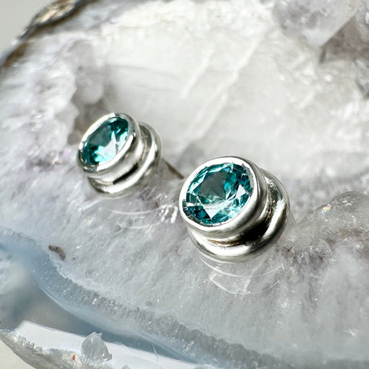Bezel Set Blue Zircon Stud Earrings | Sterling Silver
