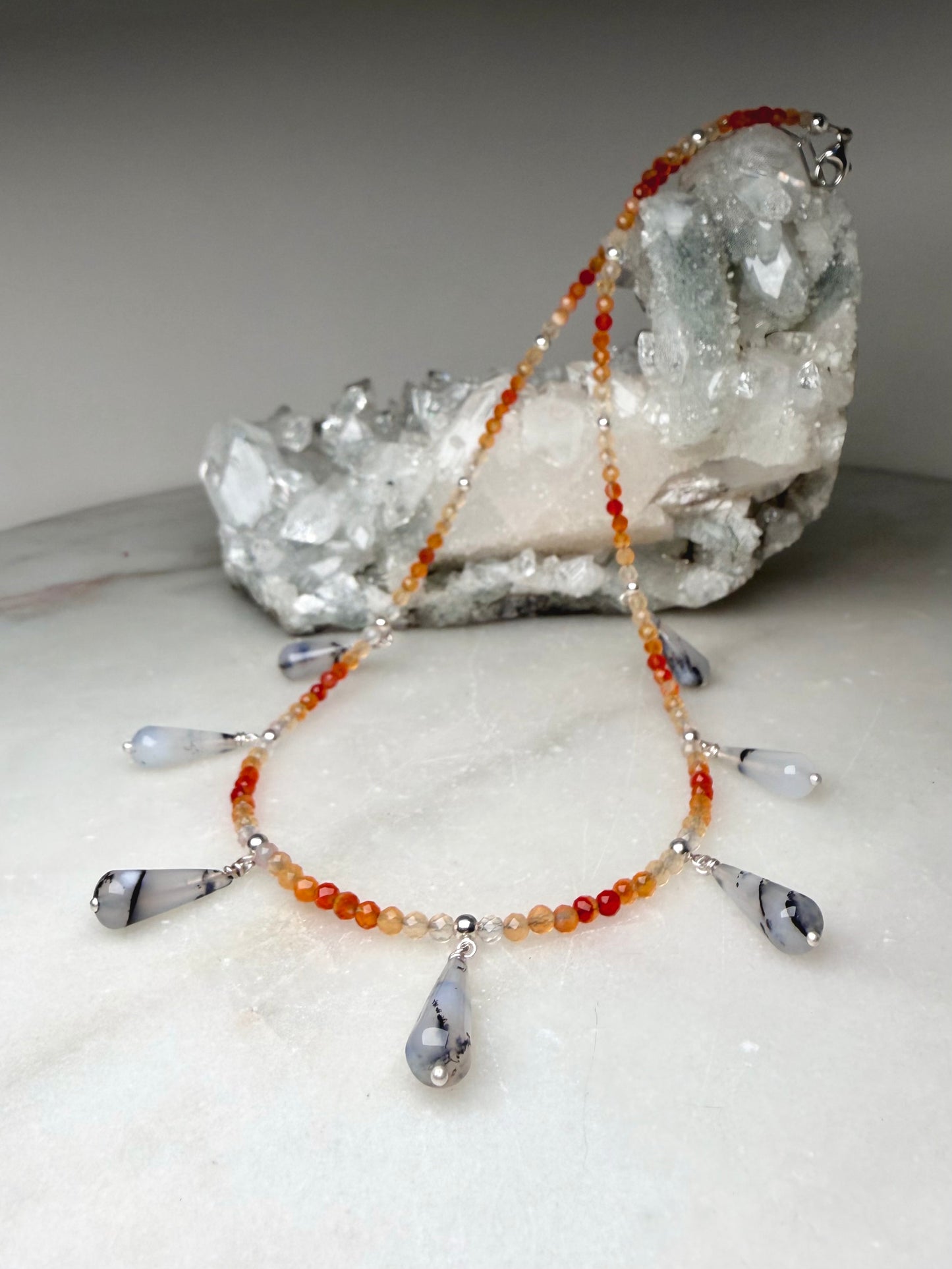 Carnelian & Dendritic Agate Droplets Necklace | Sterling Silver