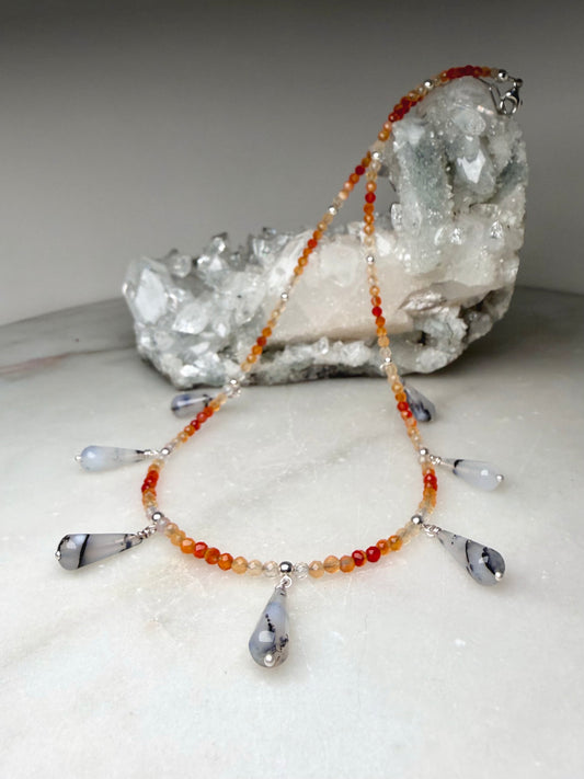Carnelian & Dendritic Agate Droplets Necklace | Sterling Silver